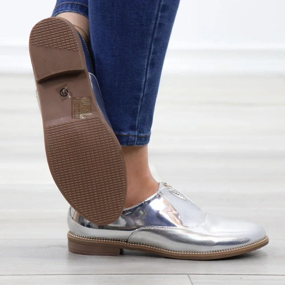 Silver Patent Flat Slip On Oxford Loafers - Picture 5 of 15